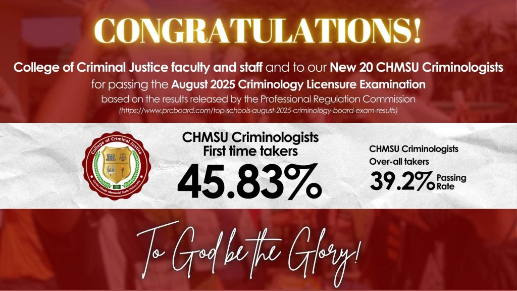 CHMSU congratulates 20 new Criminologists for passing the August 2025 Licensure Examination