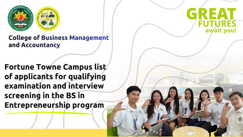 Fortune Towne Campus list of applicants for qualifying examination and interview screening in the BS in Entrepreneurship