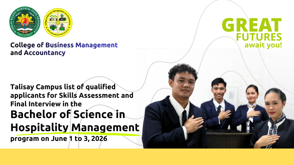 June 1 to 3, Talisay Campus applicants for skills assessment and final interview screening in the BSHM program
