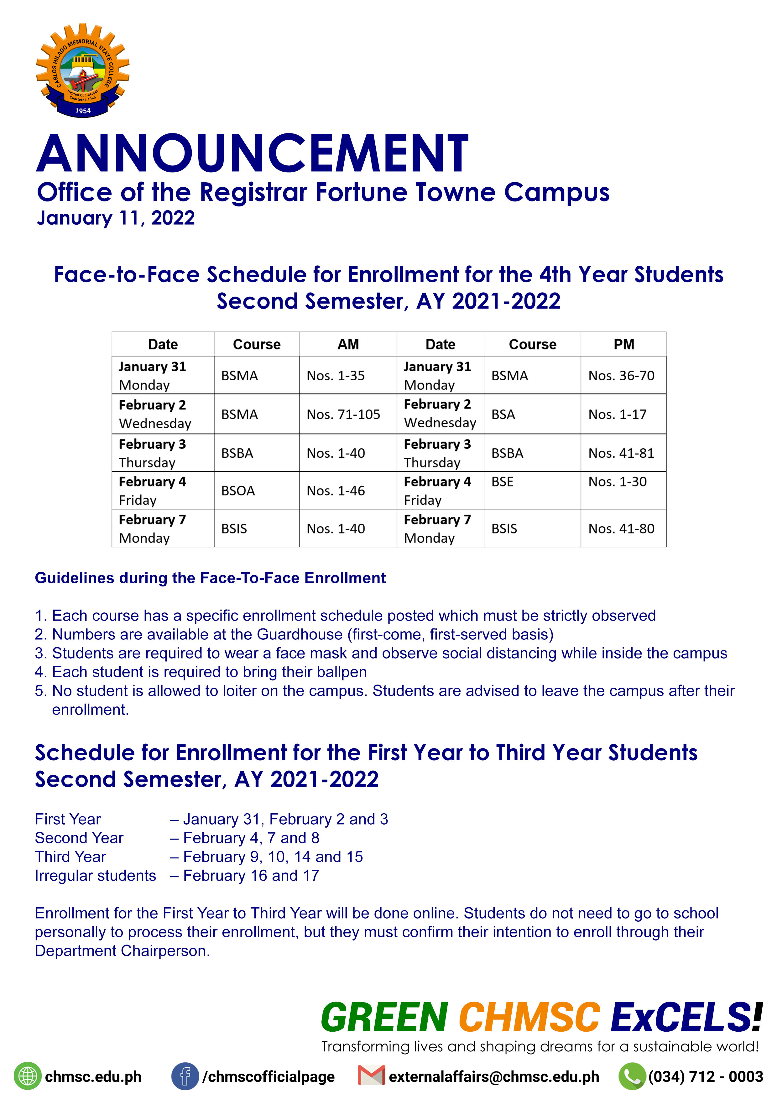 Fortune Towne Campus FacetoFace Schedule for Enrollment for the 4th