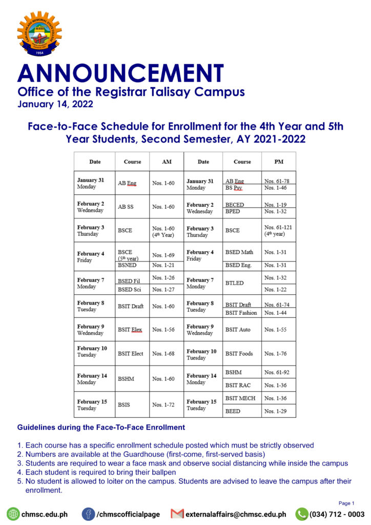 Talisay Campus FacetoFace Schedule for Enrollment for the 4th Year