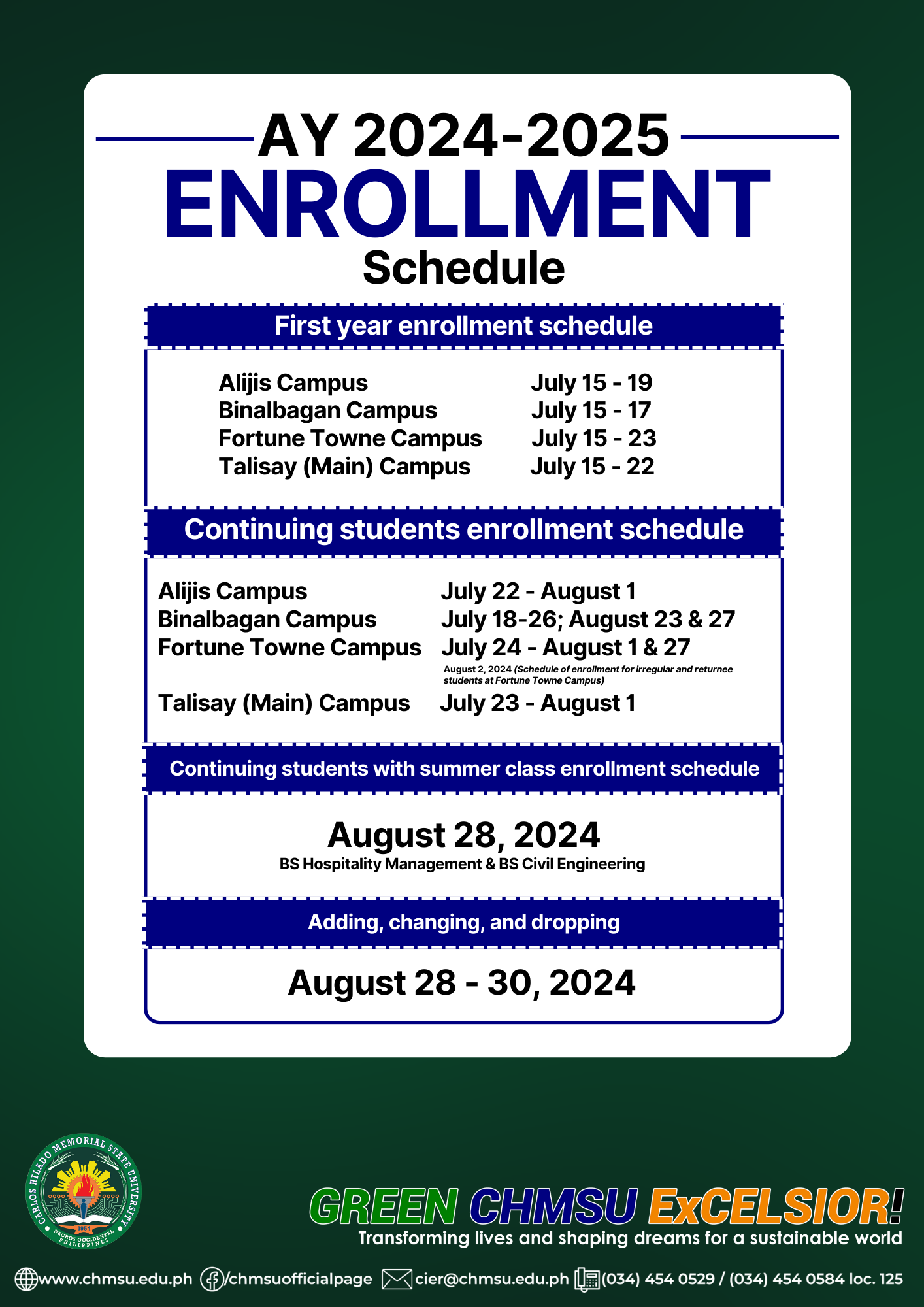 AY 2024-2025 1st Semester Enrollment Schedule in all campuses | Carlos ...