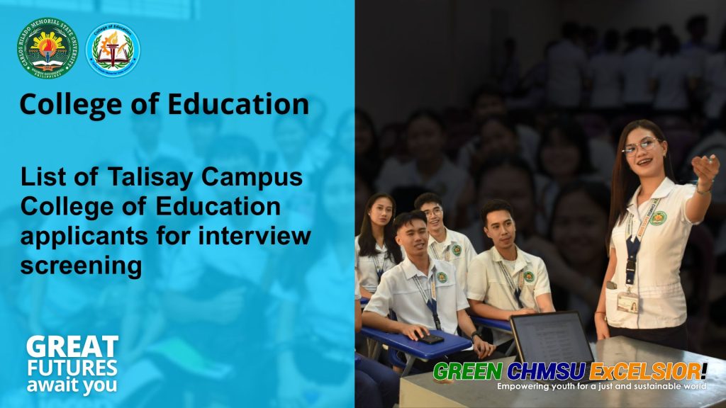 College of Education list of applicants for interview screening at Talisay (Main) Campus